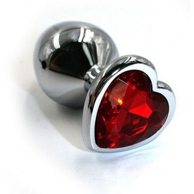 Серебристая алюминиевая анальная пробка с красным кристаллом-сердцем - 6 см., фото