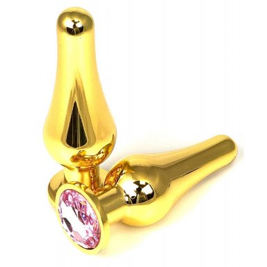 Золотистая удлиненная анальная пробка с нежно-розовым кристаллом - 11,5 см., фото