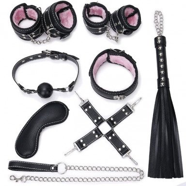 Пикантный черно-розовый набор БДСМ: маска, ошейник, кляп, фиксатор, наручники, оковы, плеть, фото