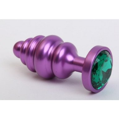 Фиолетовая ребристая анальная пробка с зеленым кристаллом - 7,3 см., фото