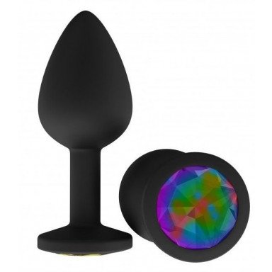 Чёрная анальная втулка с разноцветным кристаллом - 7,3 см., фото