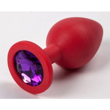 Красная силиконовая анальная пробка с фиолетовым стразом - 8,2 см., фото