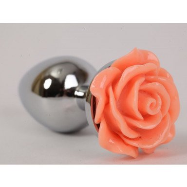 Серебристая анальная пробка с оранжевой розой - 7,6 см., фото
