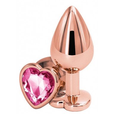 Золотистая анальная втулка с розовым кристаллом в виде сердечка - 7 см.