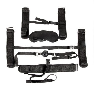 Пикантный черный текстильный набор БДСМ: наручники, оковы, ошейник с поводком, кляп, маска, фото