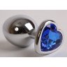 Серебристая анальная пробка с синим кристаллом-сердцем - 9 см., фото