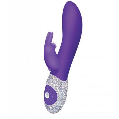 Фиолетовый вибромассажёр с клиторальным отростком и отделанной стразами рукоятью The Classic Rabbit - 22 см., фото