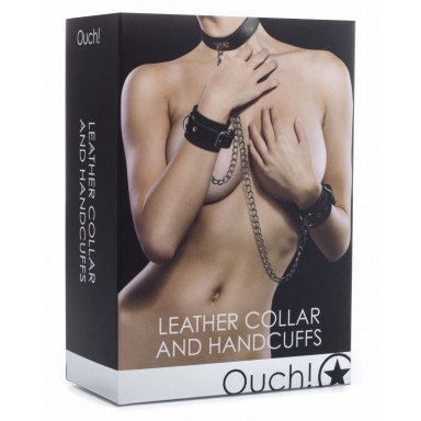 Чёрный комплект для бондажа Leather Collar and Handcuffs фото 2