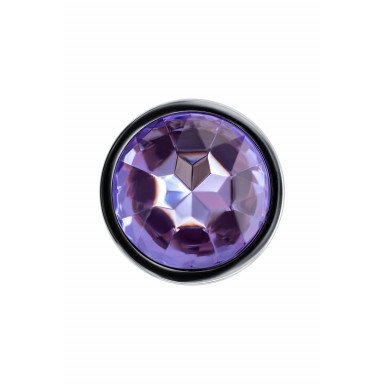 Серебристая гладкая коническая анальная пробка с фиолетовым кристаллом - 7 см. фото 4