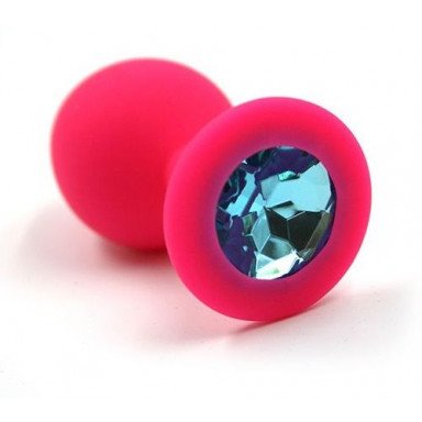 Розовая силиконовая анальная пробка с голубым кристаллом - 7 см., фото