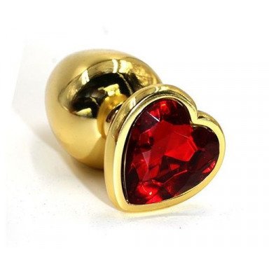 Золотистая алюминиевая анальная пробка с красным кристаллом-сердцем - 8,4 см., фото