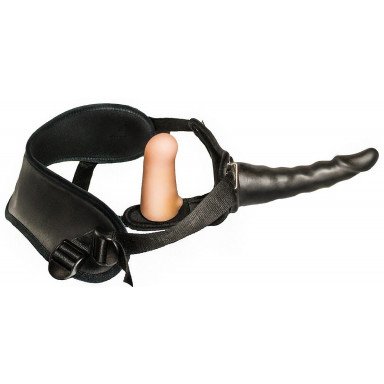 Женский страпон с чёрной насадкой и вагинальной пробкой - 17,5 см. фото 2