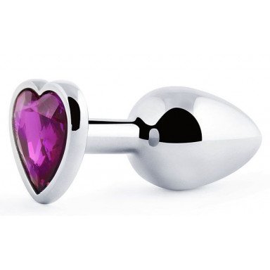 Серебристая анальная пробка с фиолетовым кристаллом-сердечком - 8 см., фото
