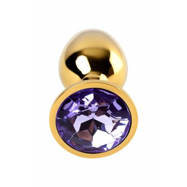 Золотистая коническая анальная пробка с фиолетовым кристаллом - 7 см. фото 4