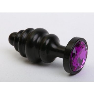 Чёрная ребристая анальная пробка с фиолетовым кристаллом - 7,3 см., фото