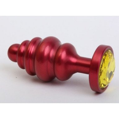 Красная ребристая анальная пробка с жёлтым стразом - 7,3 см., фото