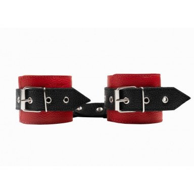 Красно-черные наручники с фиксацией на двух карабинах фото 4