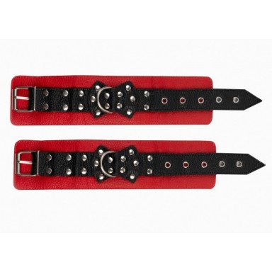Красно-черные наручники с фиксацией на двух карабинах фото 6