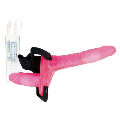 Поясной розовый виброфаллос с вагинальной пробкой - 17,5 см., фото