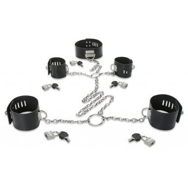 Набор для фиксации: наручники, оковы и ошейник, соединённые цепями и кольцами, фото