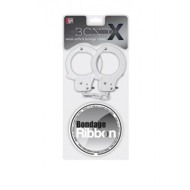 Набор для фиксации BONDX METAL CUFFS AND RIBBON: белые наручники из листового материала и липкая лента фото 2