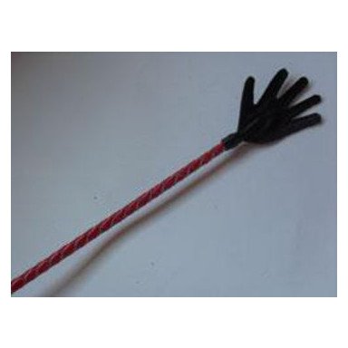 Длинный плетённый стек с наконечником-ладошкой и красной рукоятью - 85 см., фото