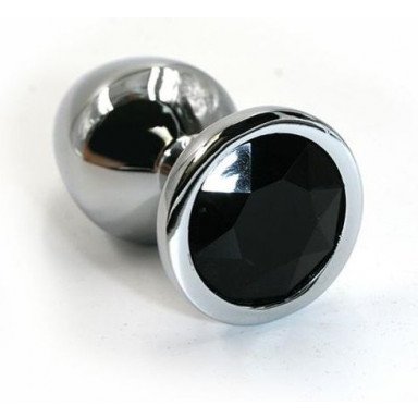 Серебристая алюминиевая анальная пробка с чёрным кристаллом - 6 см., фото