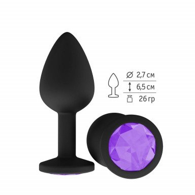 Чёрная анальная втулка с фиолетовым кристаллом - 7,3 см., фото