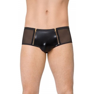 Мужские трусы-шорты с замочками и центральной частью из wet-look ткани, XL, черный, фото