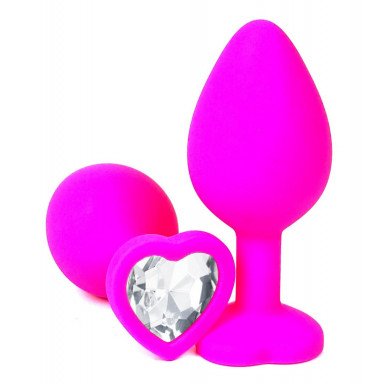 Розовая силиконовая пробка с прозрачным кристаллом-сердцем - 10,5 см., фото