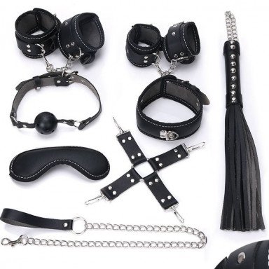 Пикантный черный набор БДСМ: маска, ошейник, кляп, фиксатор, наручники, оковы, плеть, фото