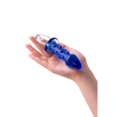 Синяя стеклянная анальная втулка с ручкой-кольцом - 16 см. фото 3