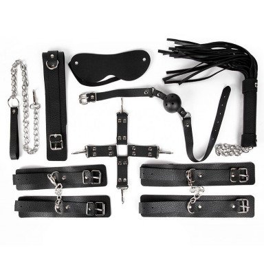 Большой черный набор БДСМ: наручники, оковы, ошейник с поводком, кляп, маска, плеть, фиксатор, фото
