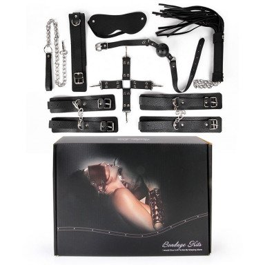 Большой черный набор БДСМ: наручники, оковы, ошейник с поводком, кляп, маска, плеть, фиксатор фото 2