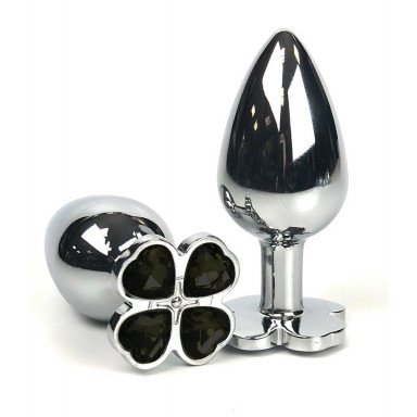 Серебристая анальная втулка с клевером из черных кристаллов - 8 см., фото