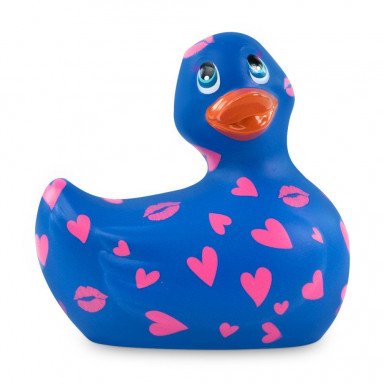 Синий вибратор-уточка I Rub My Duckie 2.0 Romance с розовым принтом, фото