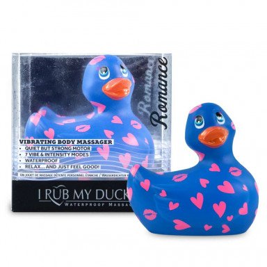 Синий вибратор-уточка I Rub My Duckie 2.0 Romance с розовым принтом фото 2