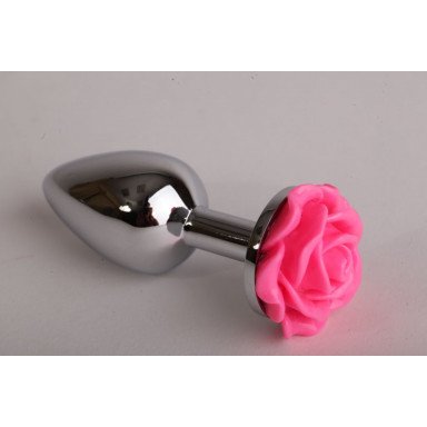 Серебристая анальная пробка с розовой розочкой - 7,6 см., фото