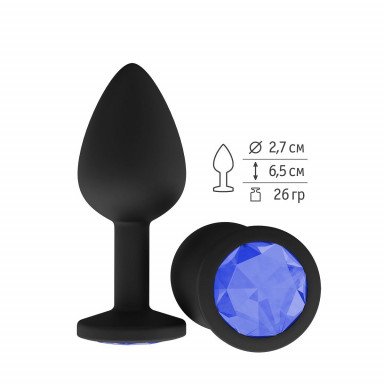 Чёрная анальная втулка с синим кристаллом - 7,3 см., фото