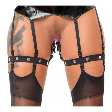Черная сбруя на бедра с зажимами для половых губ Suspender Belt with Clamps фото 4