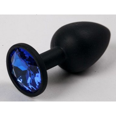 Черная силиконовая анальная пробка с синим стразом - 7,1 см., фото
