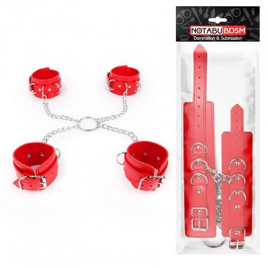 Комплект красных наручников и оков на металлических креплениях с кольцом фото 2