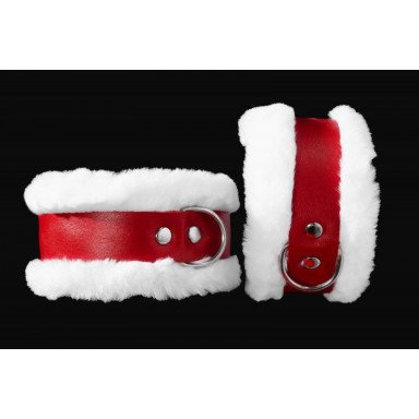 Бело-красные наручники из натуральной кожи с нежным мехом фото 3