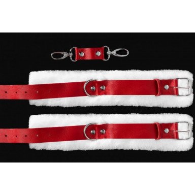 Бело-красные наручники из натуральной кожи с нежным мехом фото 4