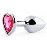 Серебристая анальная пробка с розовым кристаллом-сердечком - 7 см., фото