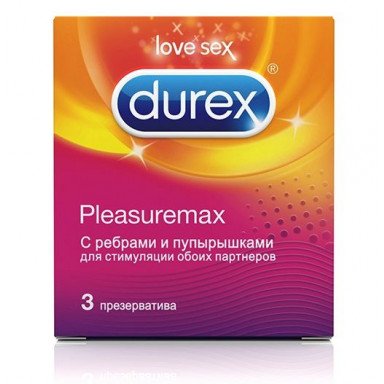 Рельефные презервативы с точками и рёбрами Durex Pleasuremax - 3 шт., фото