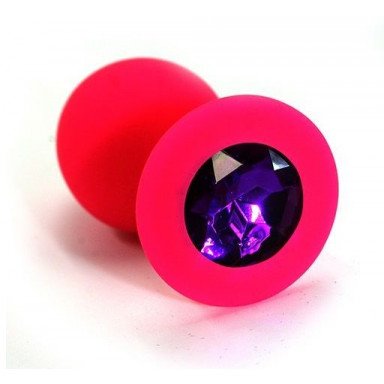 Розовая силиконовая анальная пробка с темно-фиолетовым кристаллом - 7 см., фото