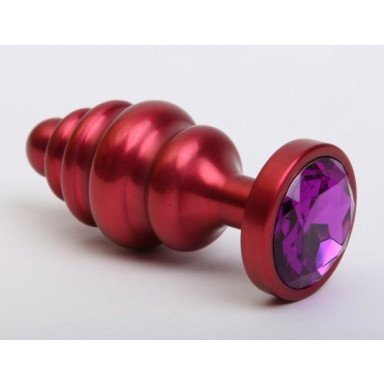 Красная ребристая анальная пробка с фиолетовым стразом - 7,3 см., фото