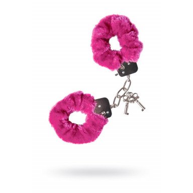Розовые меховые наручники с металлическим крепежом фото 3