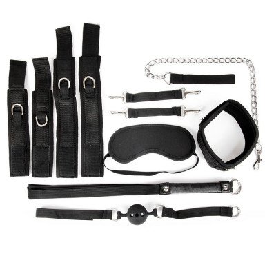 Черный текстильный набор БДСМ: наручники, оковы, ошейник с поводком, кляп, маска, плеть, фото
